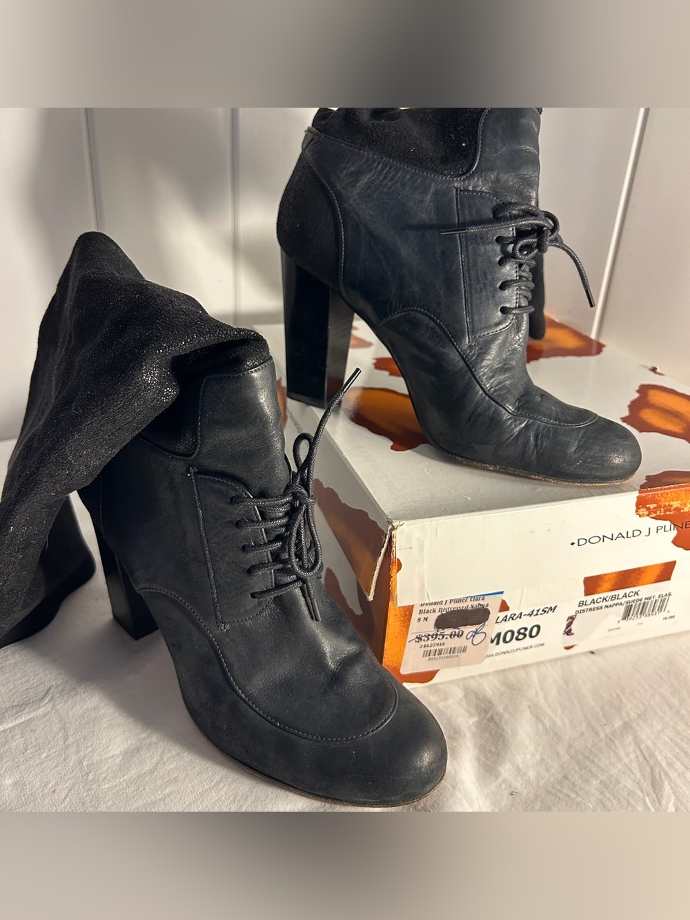 Vintage Donald J Pliner boots 8M Lara Black Leather Stretch Victorian Lace Up 8